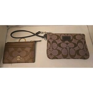 Coach Wristlet & Card Wallet Set Signature Khaki Mahogany Light/dark Brown
